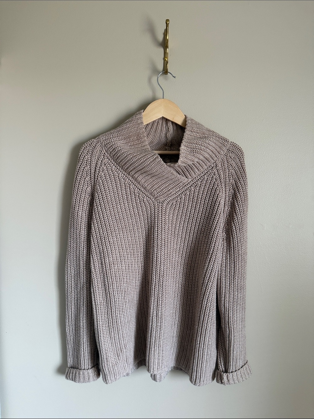 J. McLaughlin Taupe Ribbed Shawl Collar Sweater